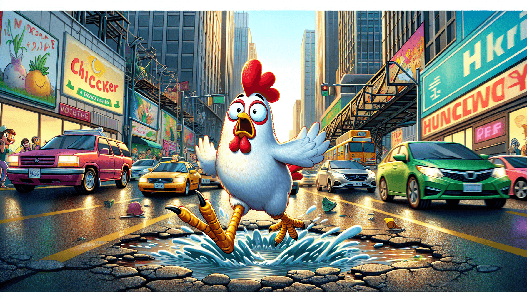 Chicken avoiding traffic